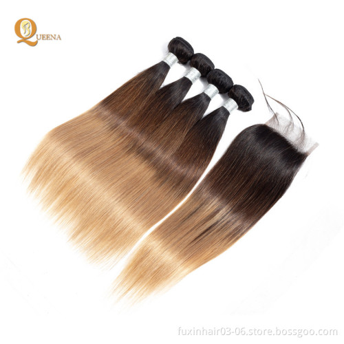3 Tone Color Ombre Hair 1b/4/27 Closure With Human Hair Weave Bundles Ombre Hair Extensions